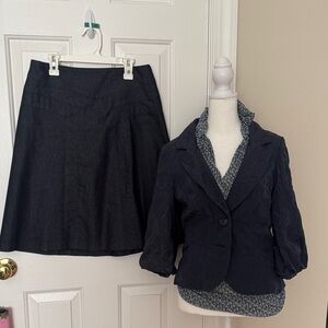 Navy Blue textured ¾ sleeve Blazer, print top and jean Skirt (2) Set Size Small